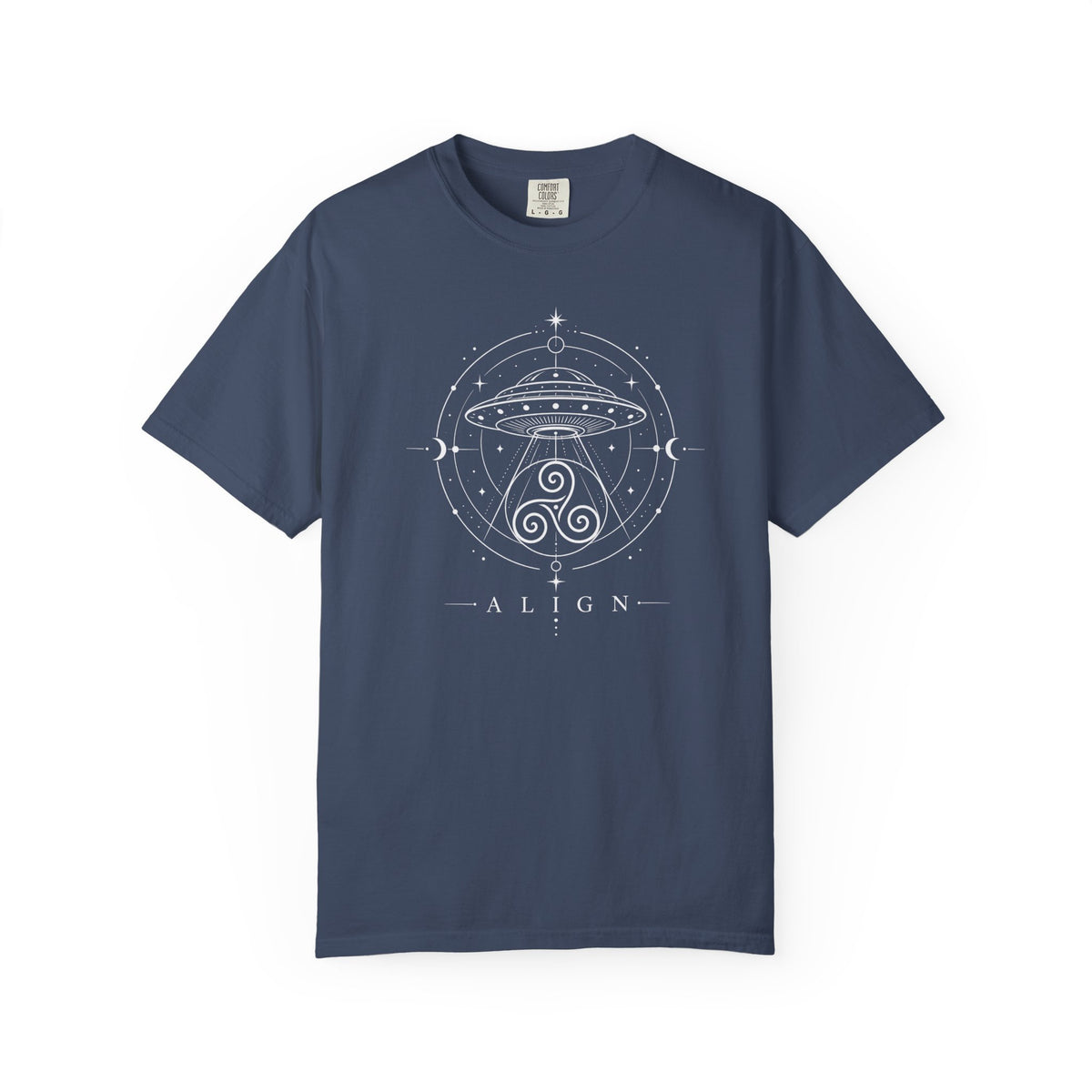 Blue t-shirt with a white line design of a flying saucer with an Irisk triskele below and the words ' ALIGN' against a white background