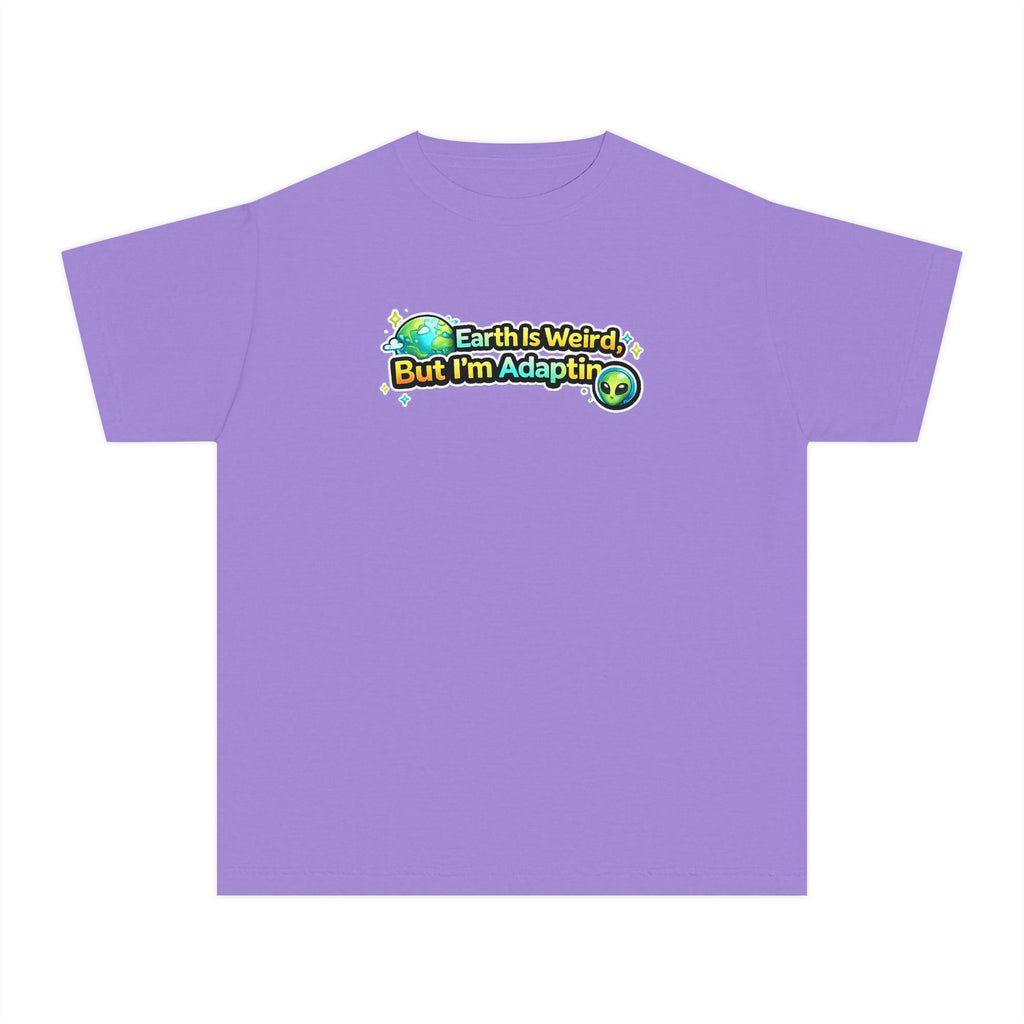 Purple t-shirt with an alien  graphic design on a white background