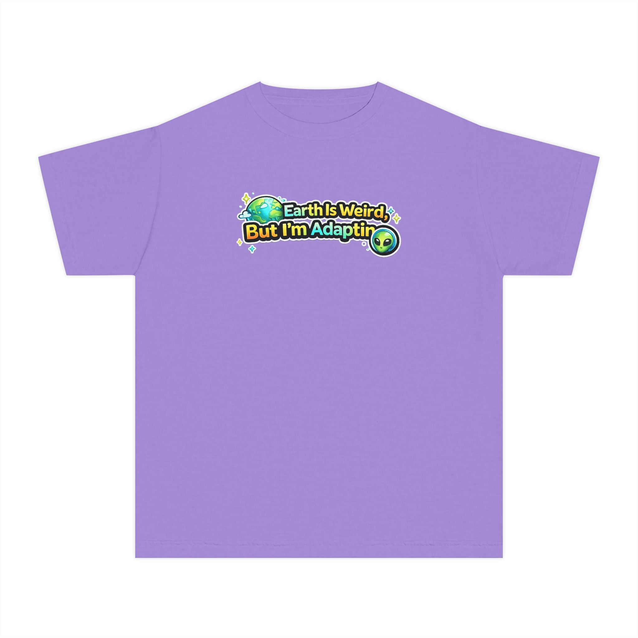 Purple t-shirt with an alien  graphic design on a white background