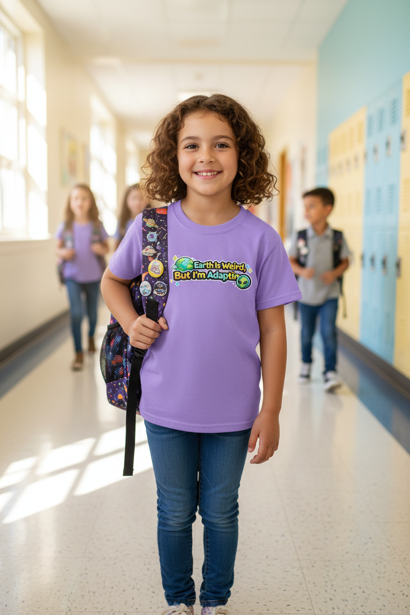 Earth Is Weird But I’m Adapting Youth T-Shirt — Funny Alien Kids Graphic Tee