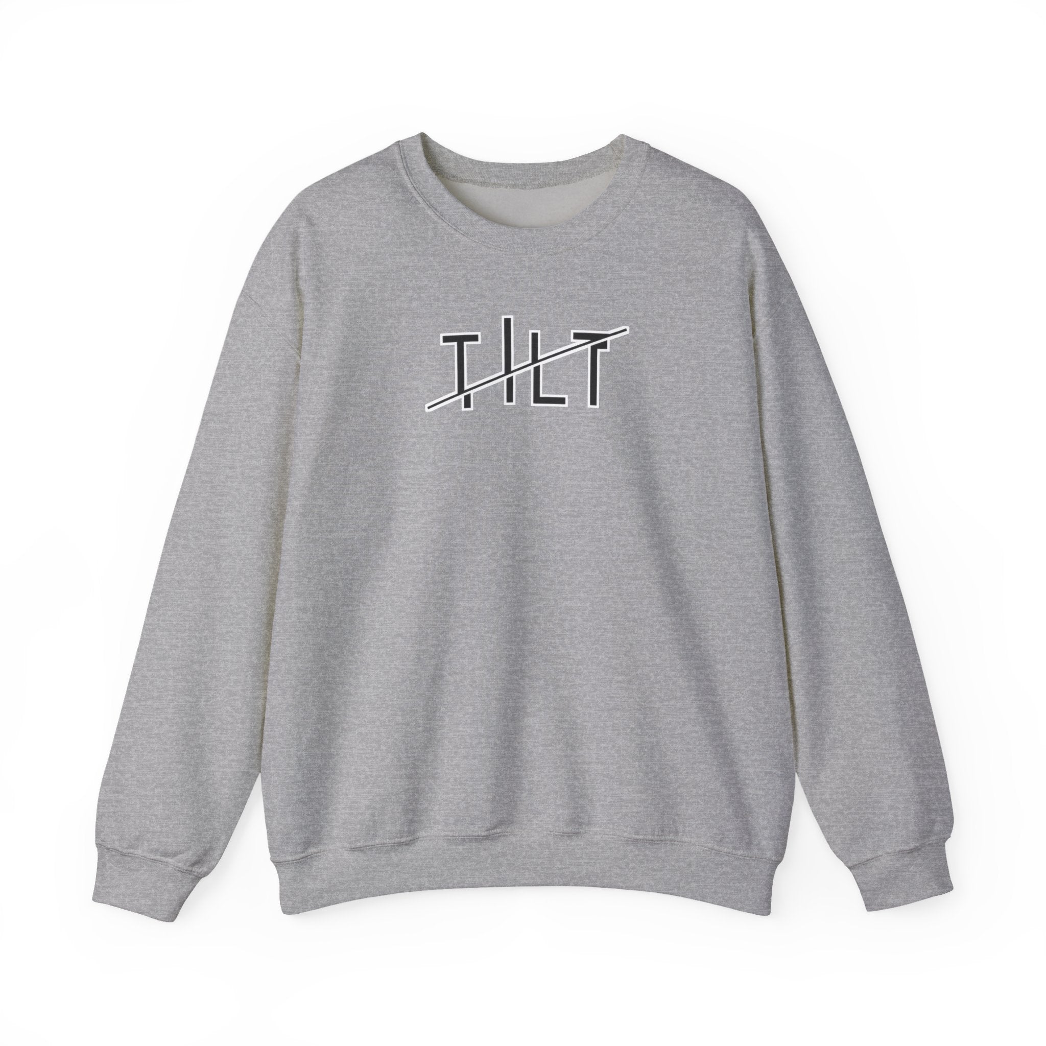 A grey sweatshirt with a stylized graphic off-set text that says TILT against  a white background