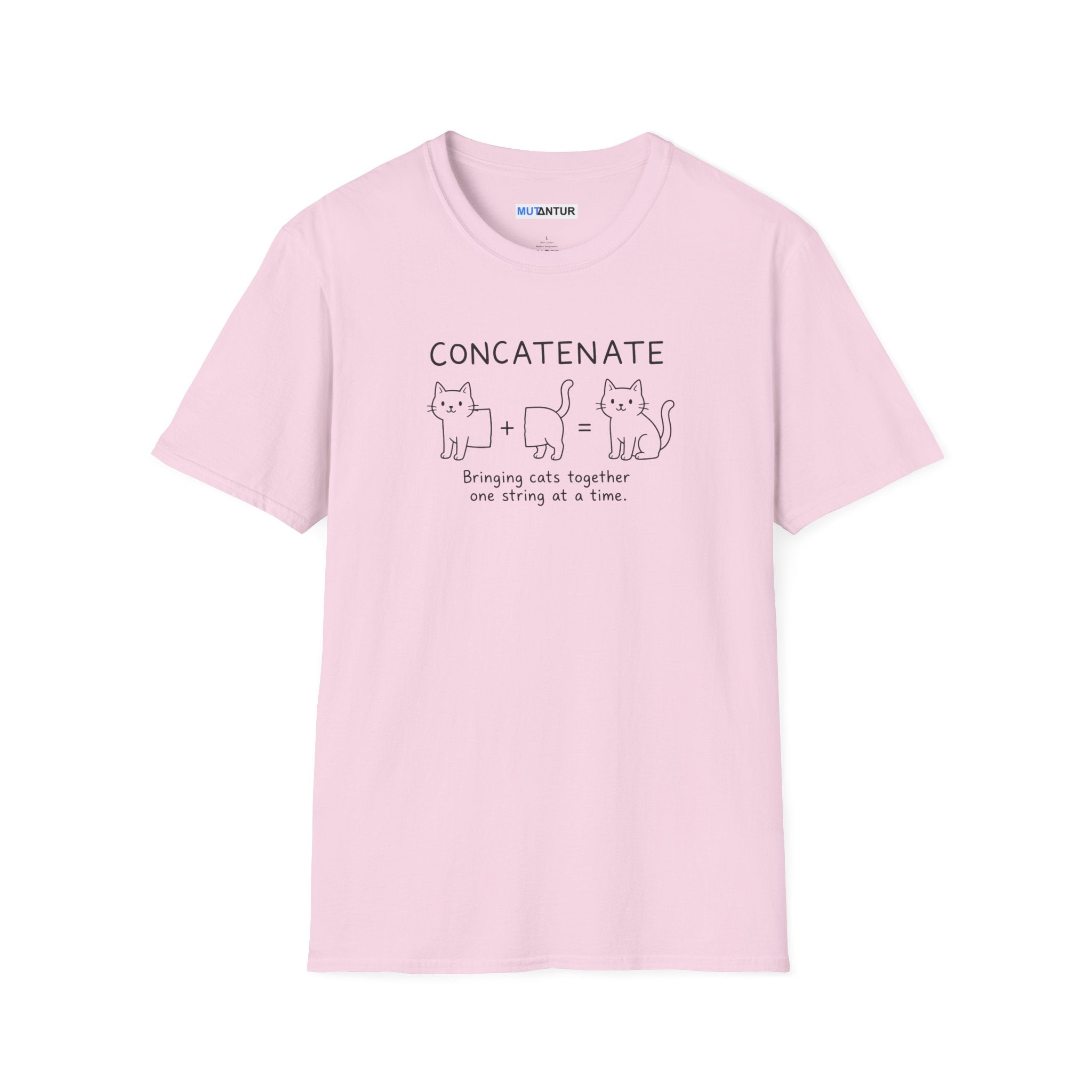 A pink short-sleeve crewneck t-shirt with a black graphic on the chest that reads 'CONCATENATE' above three simple line drawings of cats and a cat, with a small caption underneath, shown on a plain white background.