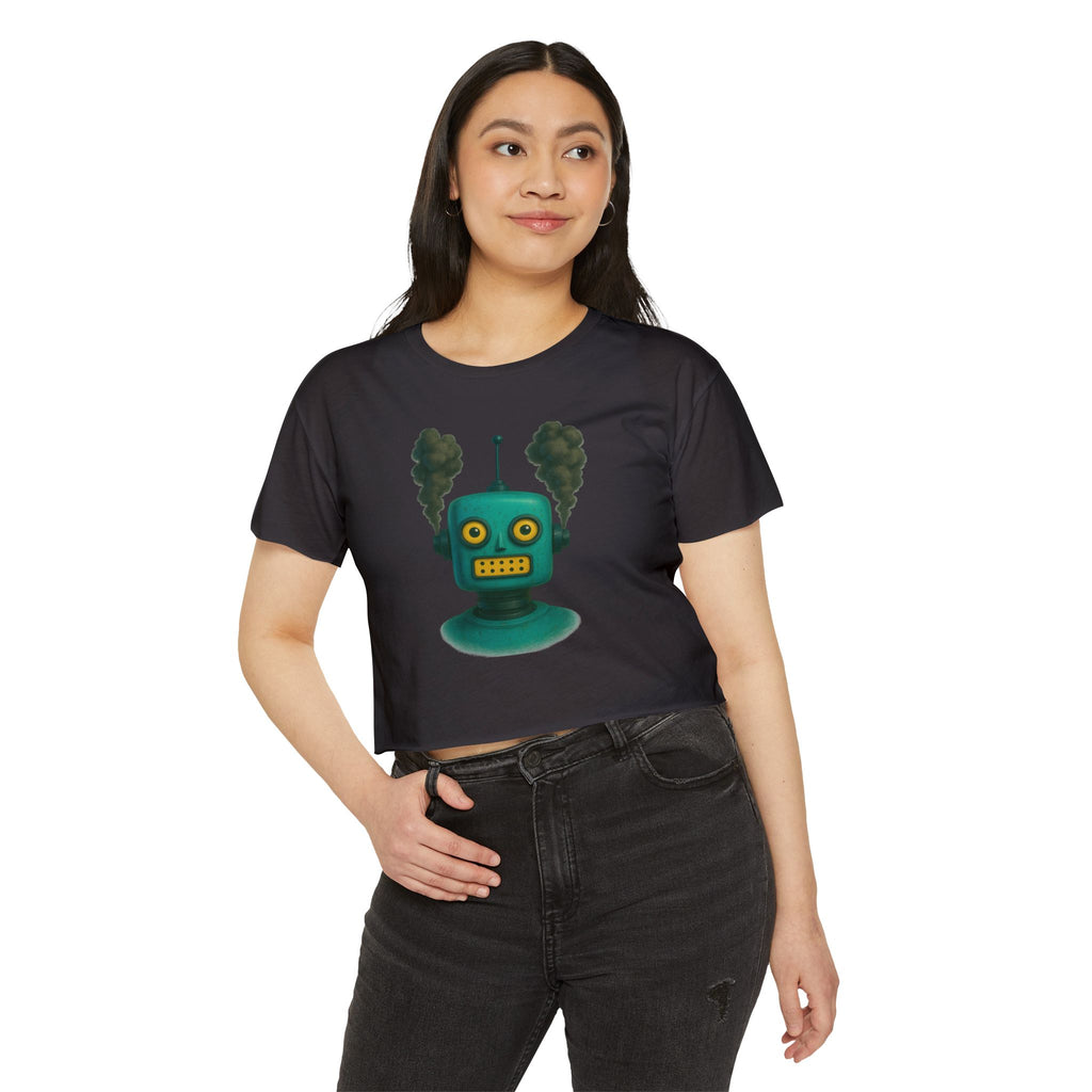 Retro Steampunk Robot Crop Top – Green Sci-Fi Graphic Top - Mutantur Labs LLC