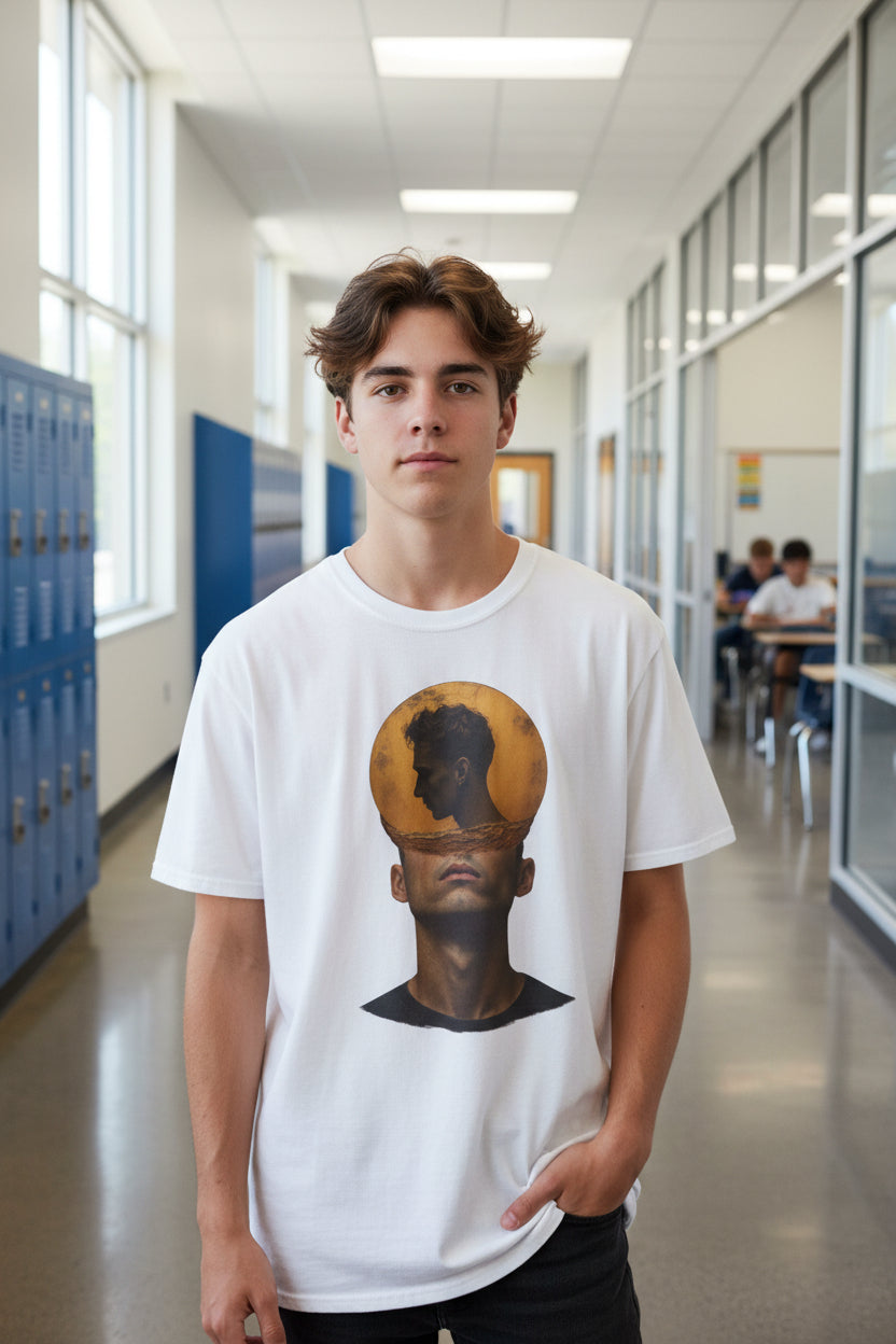 Surreal Double Portrait T-Shirt | Abstract Head Silhouette, Moon Circle - Mutantur Labs LLC