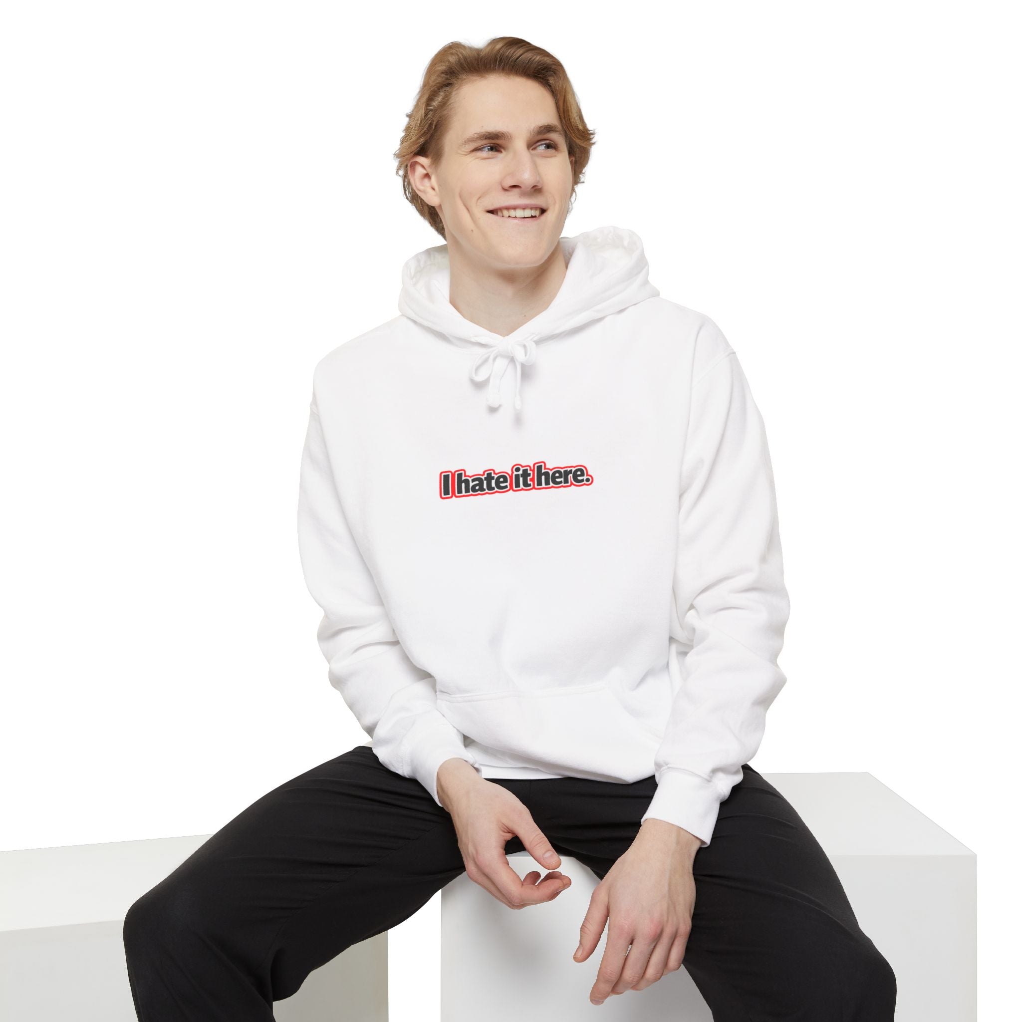 I hate it here, minimalist text design Comfort Colors hoodie - Mutantur Labs LLC