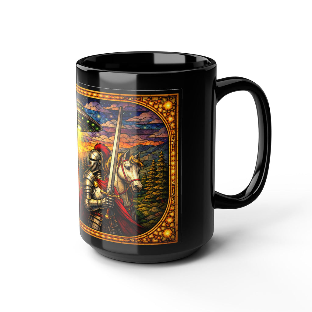 Fantasy Dragon Mug with Medieval Knight & UFO — Black 15 oz Ceramic Coffee Cup - Mutantur Labs LLC