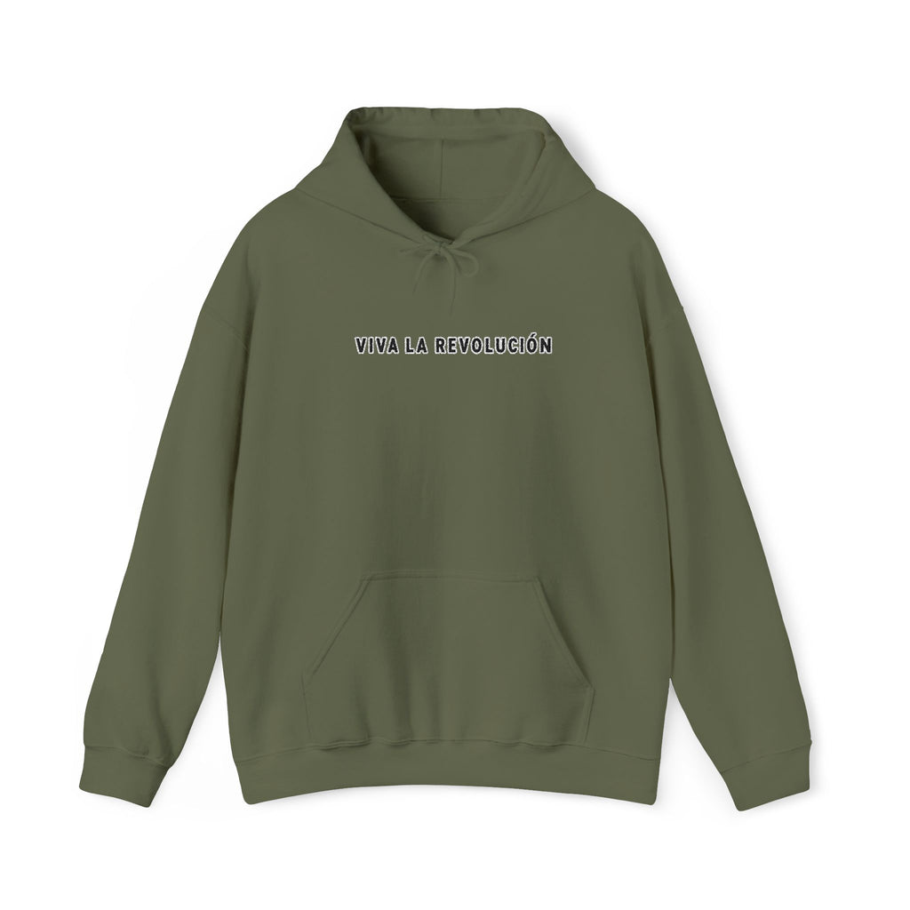 A green pullover hoodie with a front kangaroo pocket and a blue printed text graphic reading' Viva La Revolucion  'on the chest, displayed against a clean white background.