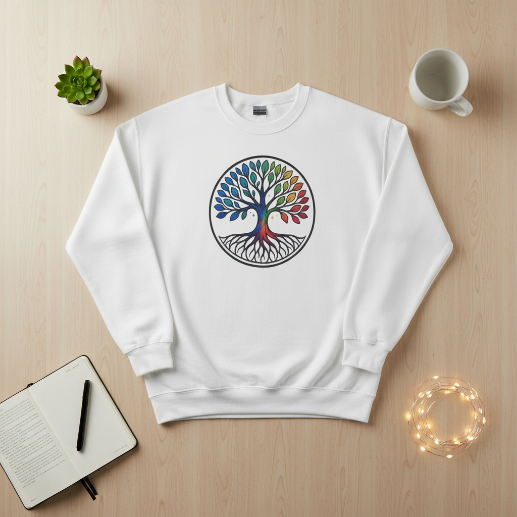 Rainbow Tree of Life graphic crewneck sweatshirt in white, folded flat lay styled with a notebook and string lights