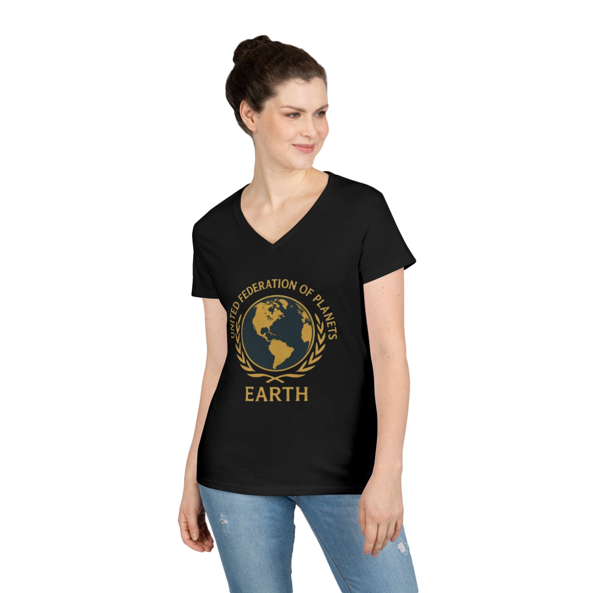 United Federation of Planets Earth V-Neck T-Shirt | Sci-Fi Inspired Women's Graphic Tee - Mutantur Labs LLC