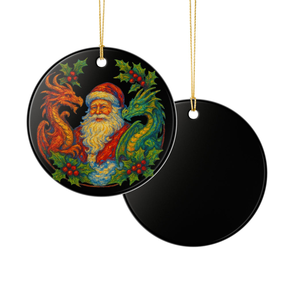 Santa & Dragons Ceramic Ornament — Fantasy Holiday Keepsake