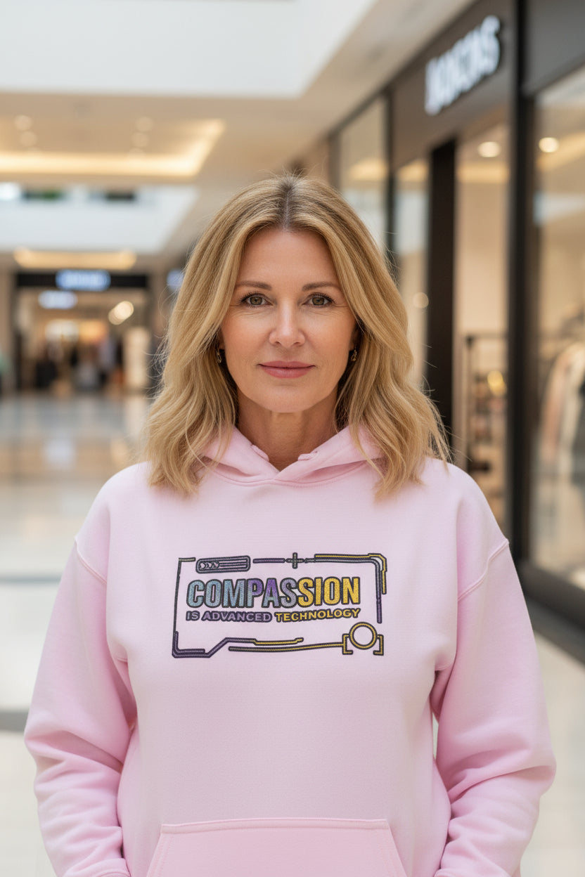 Compassion Is Advanced Technology Hoodie | Embroidered Futurist Pullover - Mutantur Labs LLC