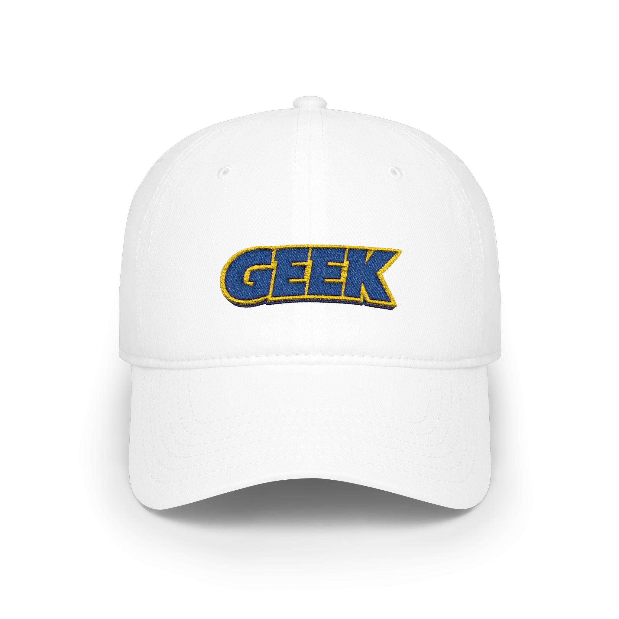 Geek Embroidered Low Profile Baseball Cap — Retro Blue & Gold Logo Hat - Mutantur Labs LLC