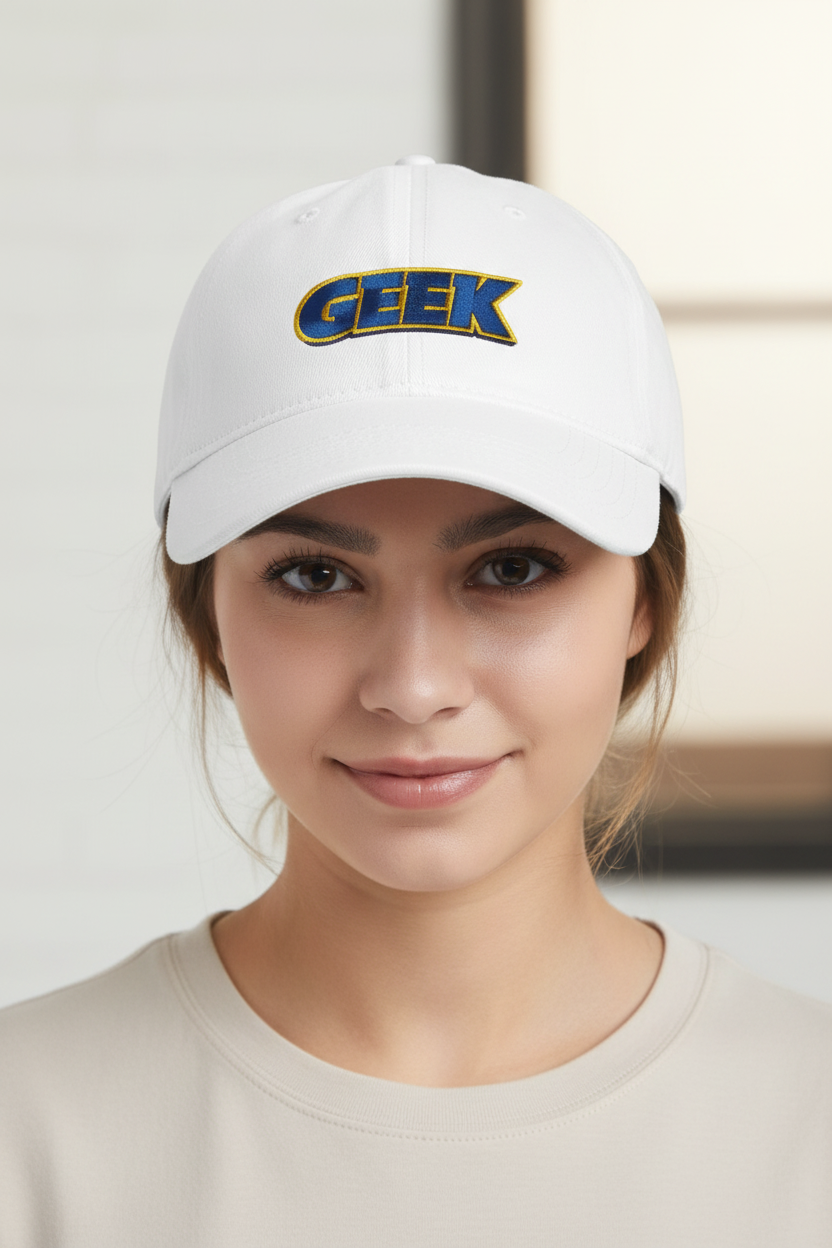 Geek Embroidered Low Profile Baseball Cap — Retro Blue & Gold Logo Hat - Mutantur Labs LLC