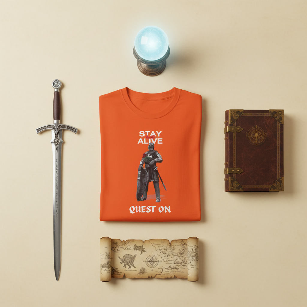 Stay Alive Quest On T-Shirt, dark fantasy knight gamer tee, alternate angle