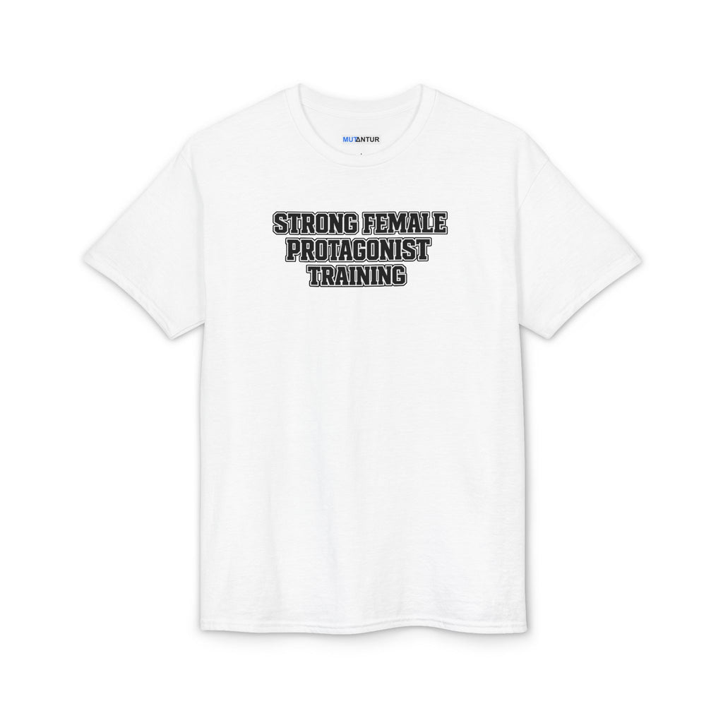 White t-shirt with 'STRONG FEMALE PROTAGONIST TRAINING' text on a white background