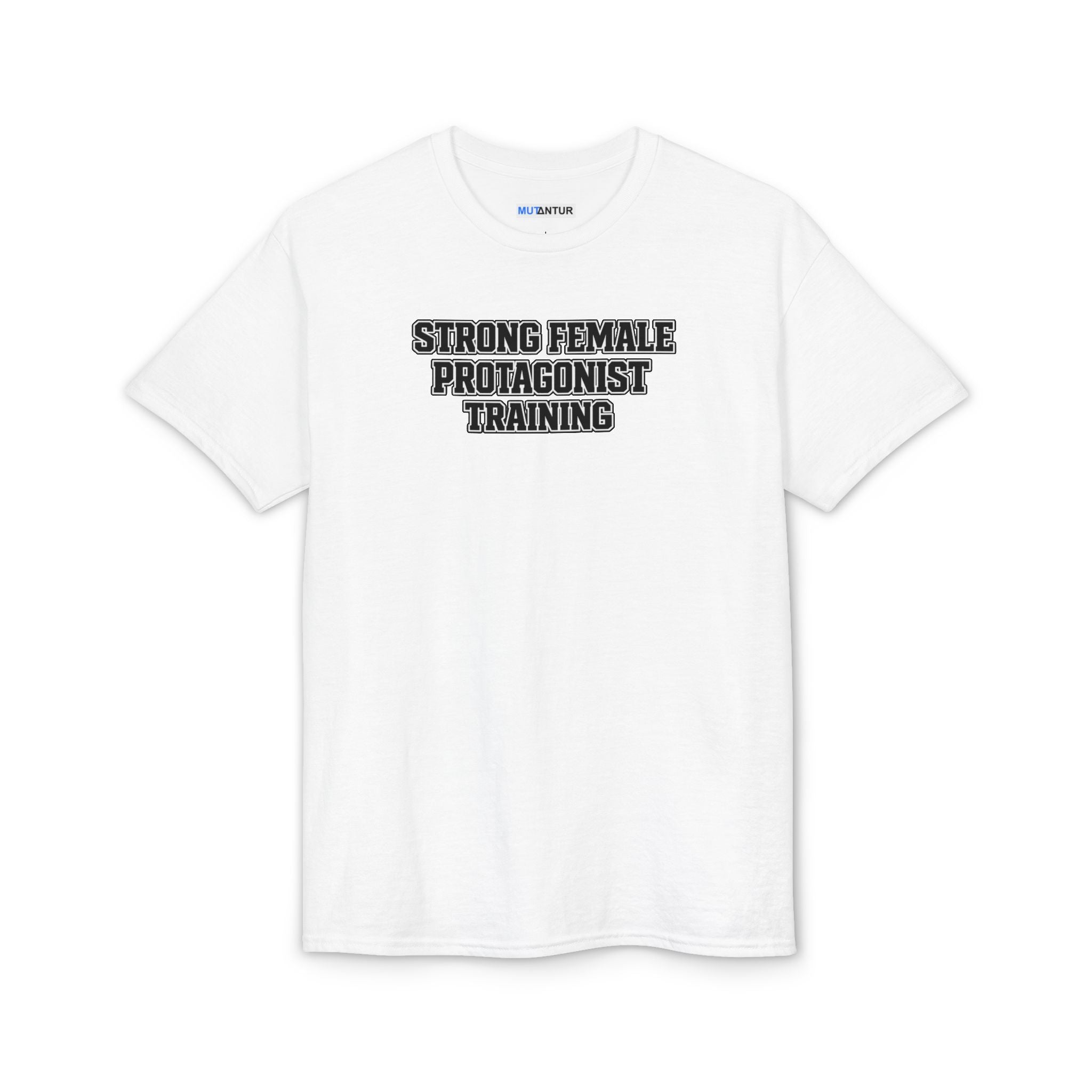 White t-shirt with 'STRONG FEMALE PROTAGONIST TRAINING' text on a white background