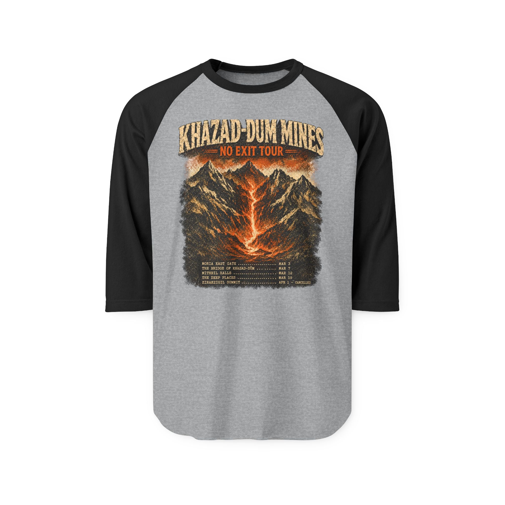 Khazad-Dûm Mines Tour Raglan Shirt — "No Exit Tour" Mountain Volcano Graphic