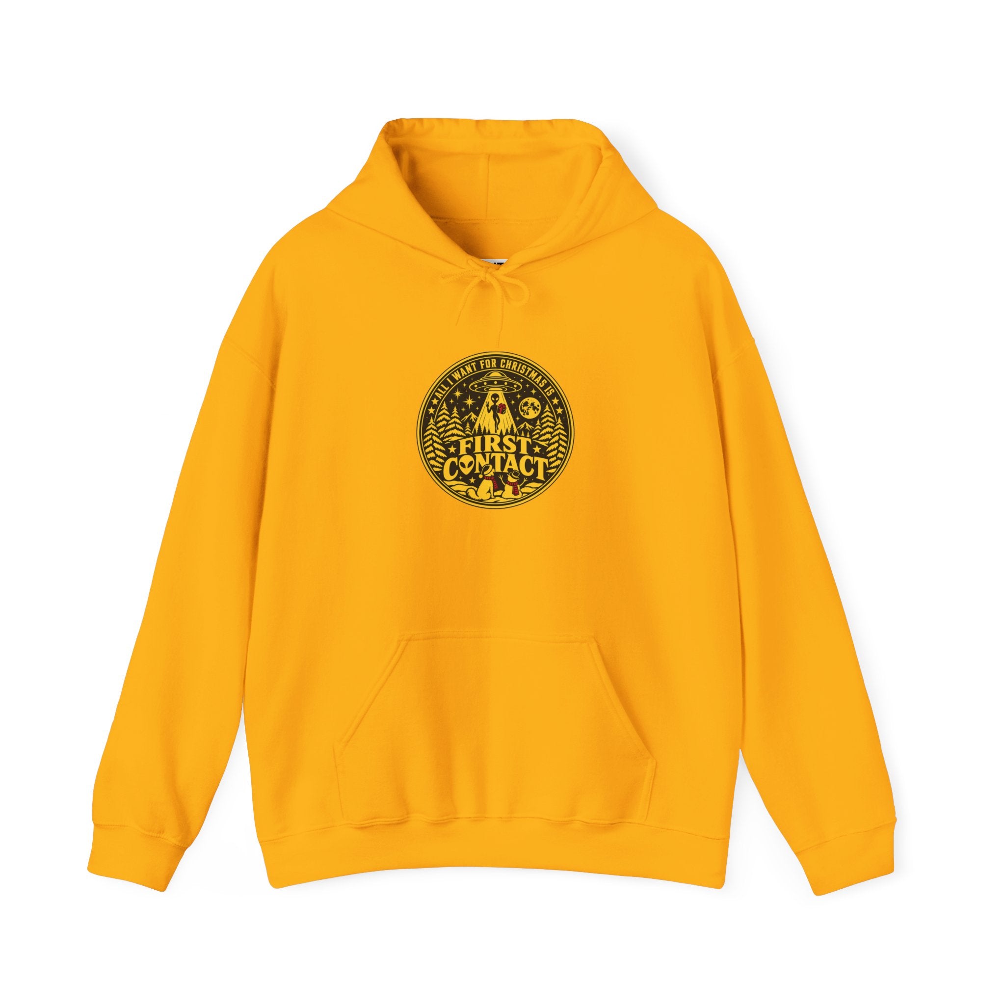 A yellow hoodie with  a gold and black circular badge depicting  a dog and a snow man looking up at an alien rising up into a UFO at Christmas, with the words: All I want for Christmas is First Contact' The hoodie is displayed against a white background