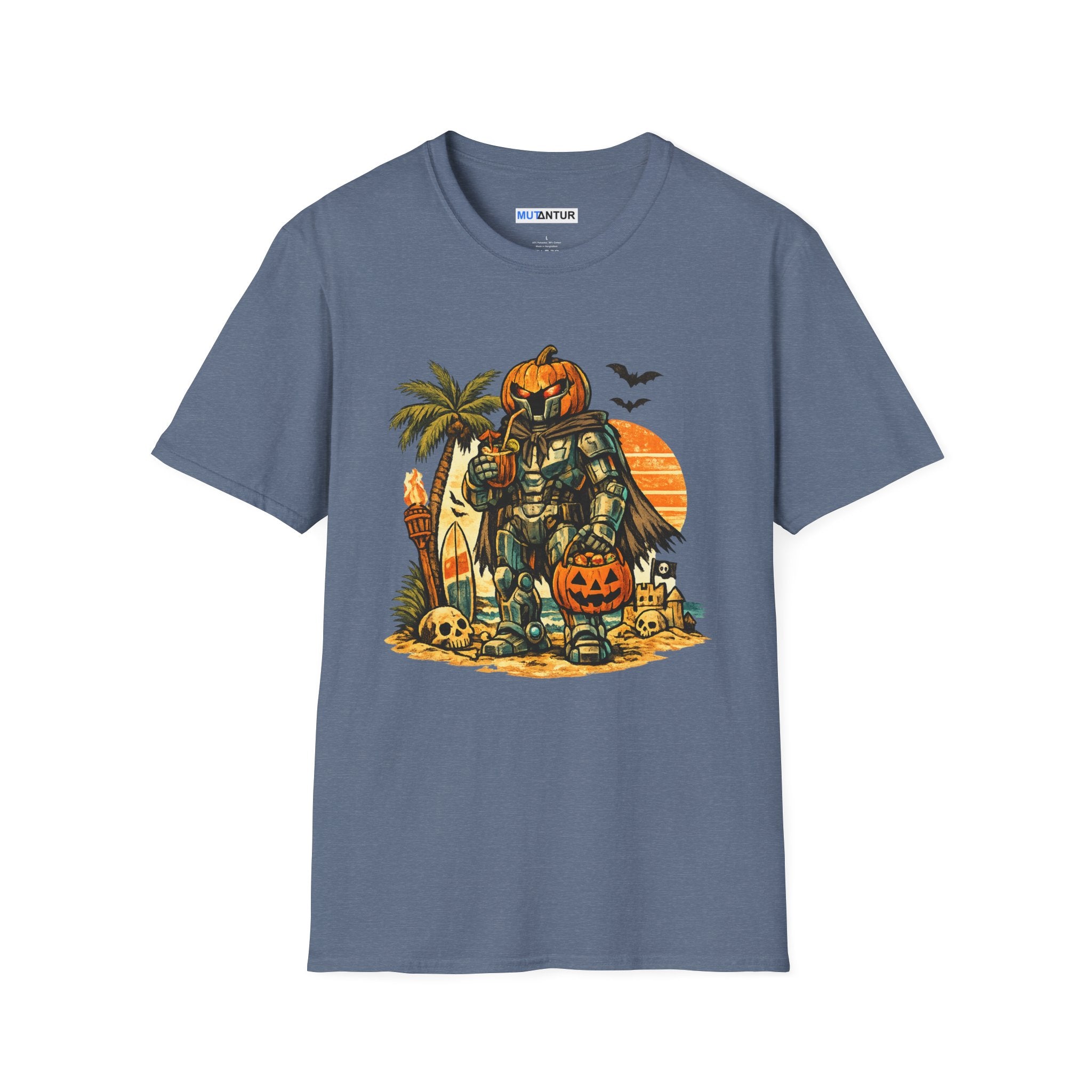 Summerween Beach Robot T-Shirt — Pumpkin-Head Robot Surfing Sunset Tee - Mutantur Labs LLC