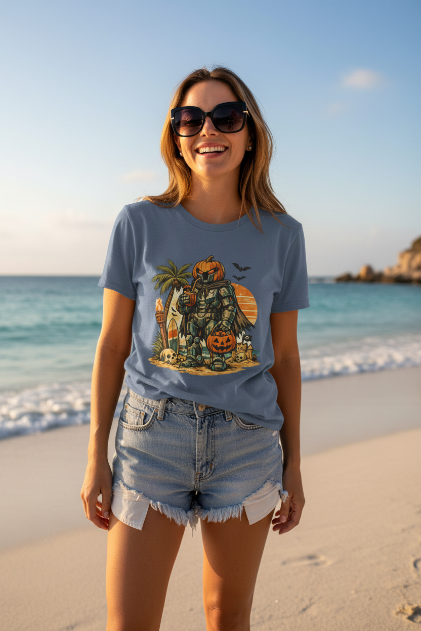 Summerween Beach Robot T-Shirt — Pumpkin-Head Robot Surfing Sunset Tee - Mutantur Labs LLC
