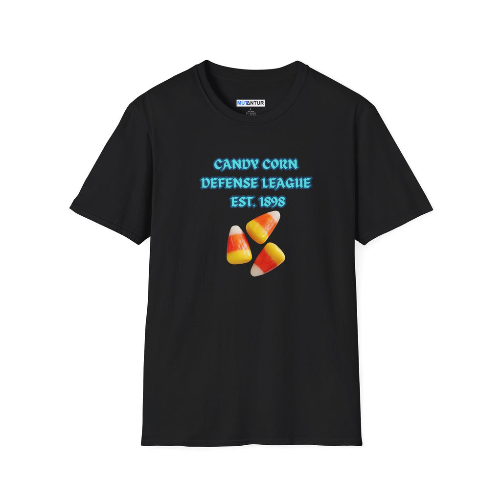 A black short-sleeve t-shirt with a graphic on the chest that reads 'CANDY CORN DEFENSE LEAGUE EST. 1898' in light blue text, accompanied by three illustrations of candy corn.