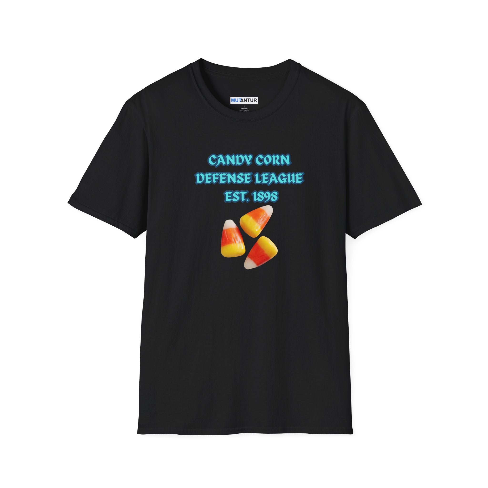 A black short-sleeve t-shirt with a graphic on the chest that reads 'CANDY CORN DEFENSE LEAGUE EST. 1898' in light blue text, accompanied by three illustrations of candy corn.