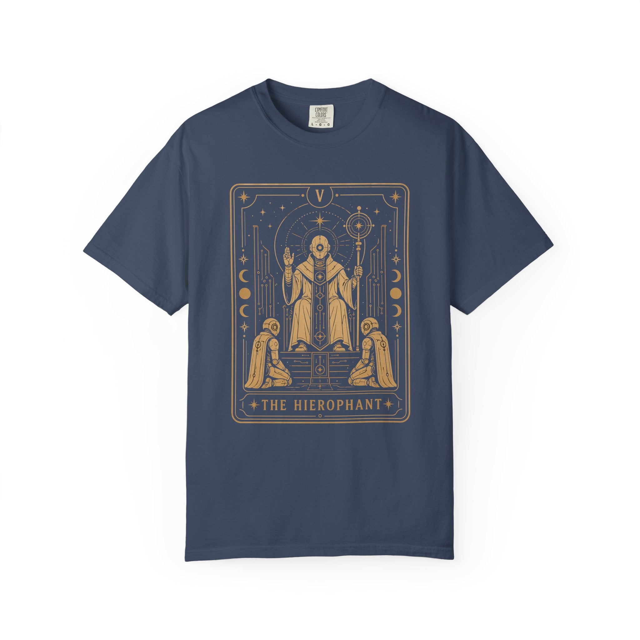 A blue crewneck Comfort Colors t-shirt featuring The Hierophant from the Future Arcana collection, inspired by The Hierophant tarot card. A futuristic cosmic scholar is framed by celestial Art Deco details in elegant gold line art on a transparent background.