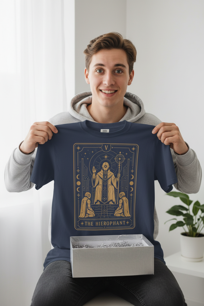 A blue crewneck Comfort Colors t-shirt featuring The Hierophant from the Future Arcana collection, inspired by The Hierophant tarot card. A futuristic cosmic scholar is framed by celestial Art Deco details in elegant gold line art on a transparent background.