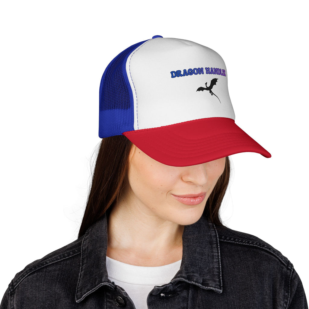 Dragon Handler trucker cap with dragon silhouette in red, white, and blue, worn by a woman in a denim jacket