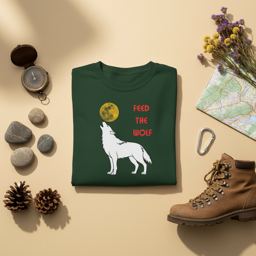Feed the Wolf howling wolf moon graphic long sleeve tee, close-up of design detail