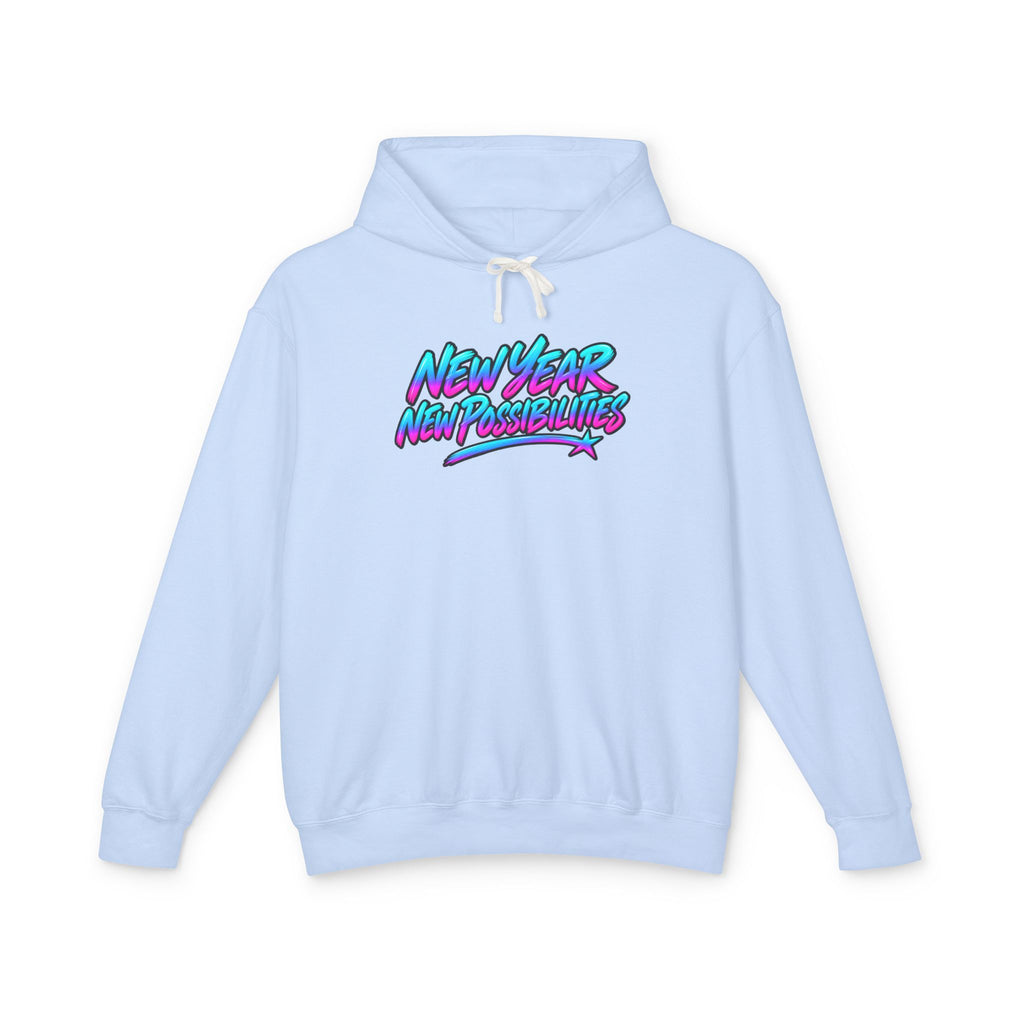 A light blue pullover hoodie with a colorful retro-style chest graphic reading 'New Year, New Possibilities' in pink, purple, and blue gradient lettering, shown on a plain white background.