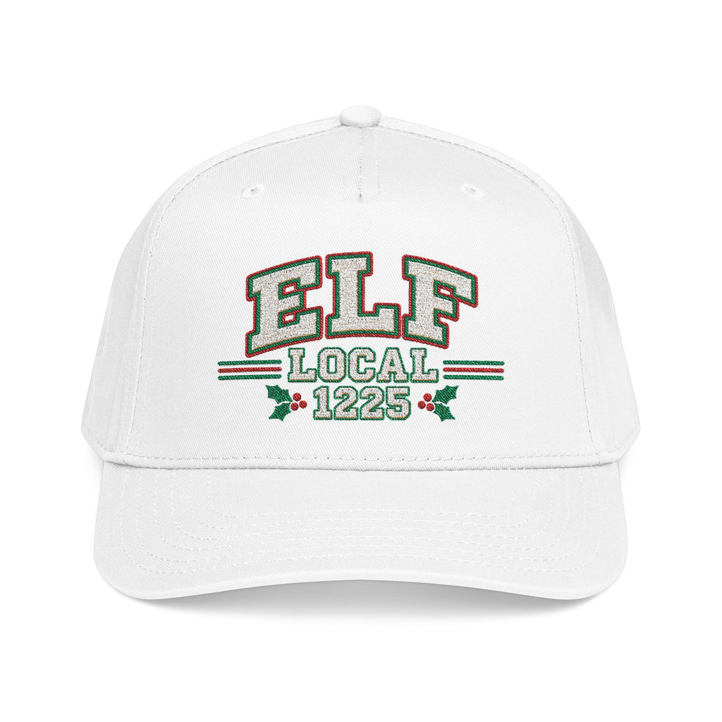 A white baseball cap featuring a front graphic that reads 'ELF LOCAL 1225' in green, red, and gray lettering with small holly accents.