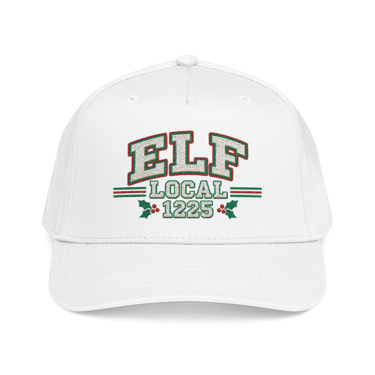 A white baseball cap featuring a front graphic that reads 'ELF LOCAL 1225' in green, red, and gray lettering with small holly accents.