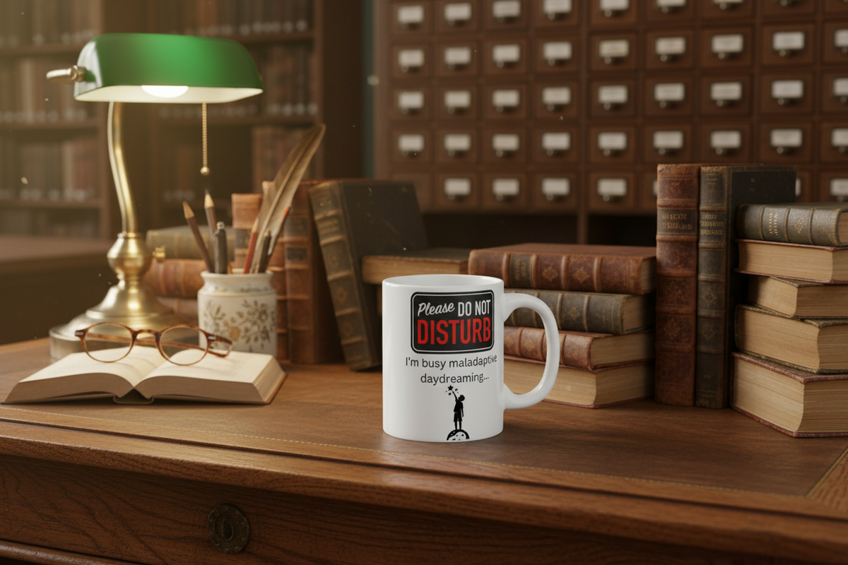 Do Not Disturb I'm Busy Daydreaming sarcastic coffee mug, close-up of design detail