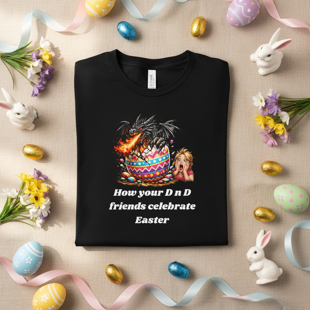 Dragon Roasting Easter Egg D&D tee, front view