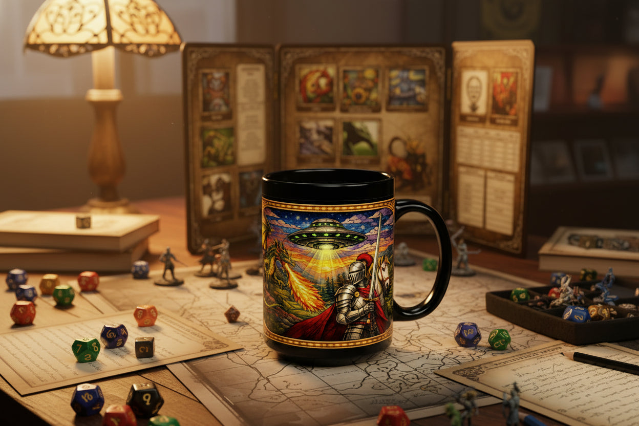 Fantasy Dragon Mug with Medieval Knight & UFO — Black 15 oz Ceramic Coffee Cup - Mutantur Labs LLC