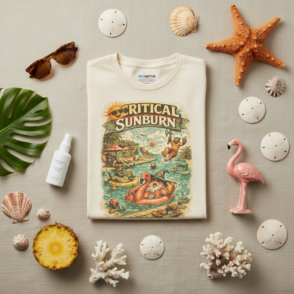Critical Sunburn retro tropical vacation graphic tee, close-up of design