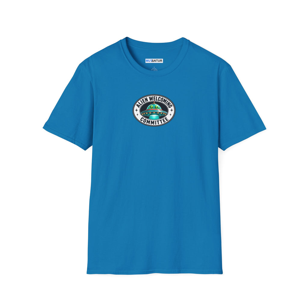 Sapphire blue shirt with Colorful Welcome Aliens T-shirt design with a retro Las Vegas roadside sign, friendly UFO, and We’ve Been Expecting You message