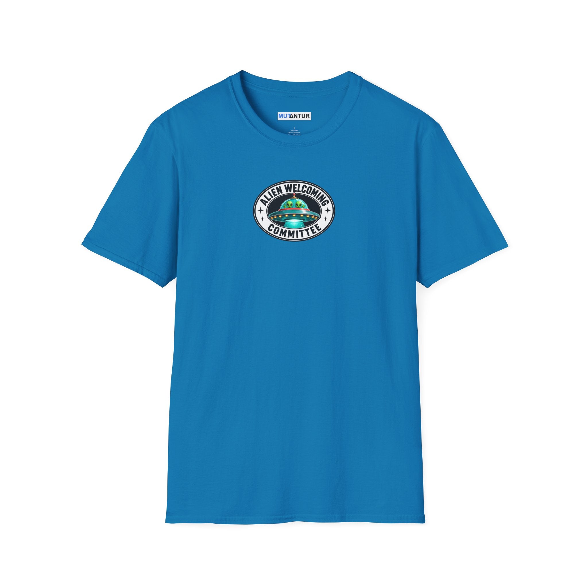 Sapphire blue shirt with Colorful Welcome Aliens T-shirt design with a retro Las Vegas roadside sign, friendly UFO, and We’ve Been Expecting You message
