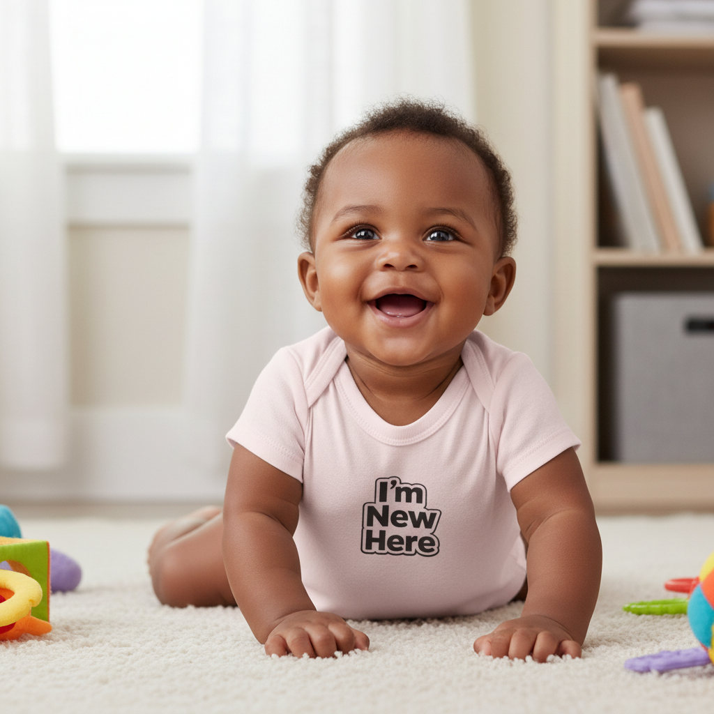 I'm New Here funny newborn infant bodysuit, front view