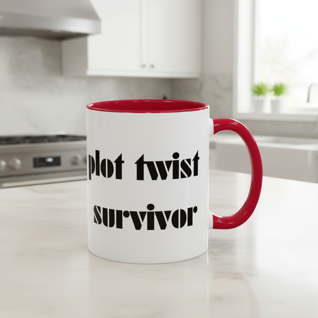 Plot Twist Survivor funny resilience coffee mug, front view