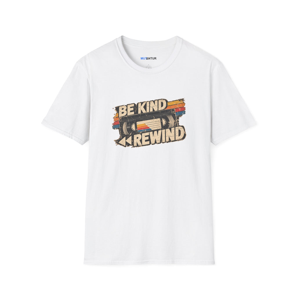 A white short-sleeve crewneck t-shirt featuring a retro graphic on the chest with the words 'BE KIND' and 'REWIND' surrounding a stylized cassette tape.