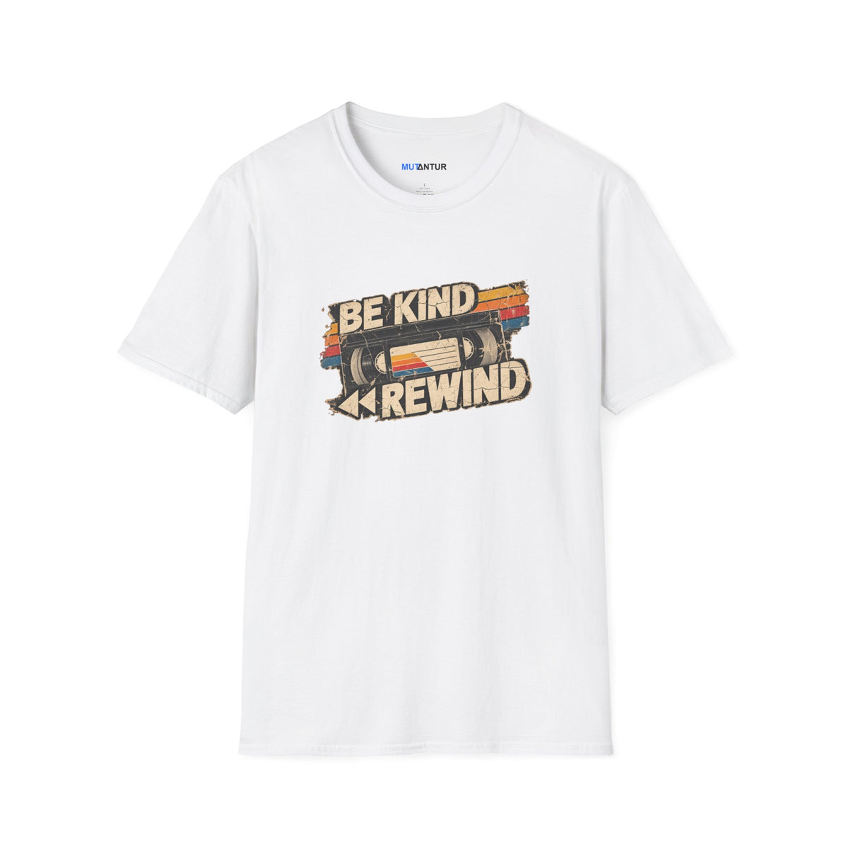 A white short-sleeve crewneck t-shirt featuring a retro graphic on the chest with the words 'BE KIND' and 'REWIND' surrounding a stylized cassette tape.
