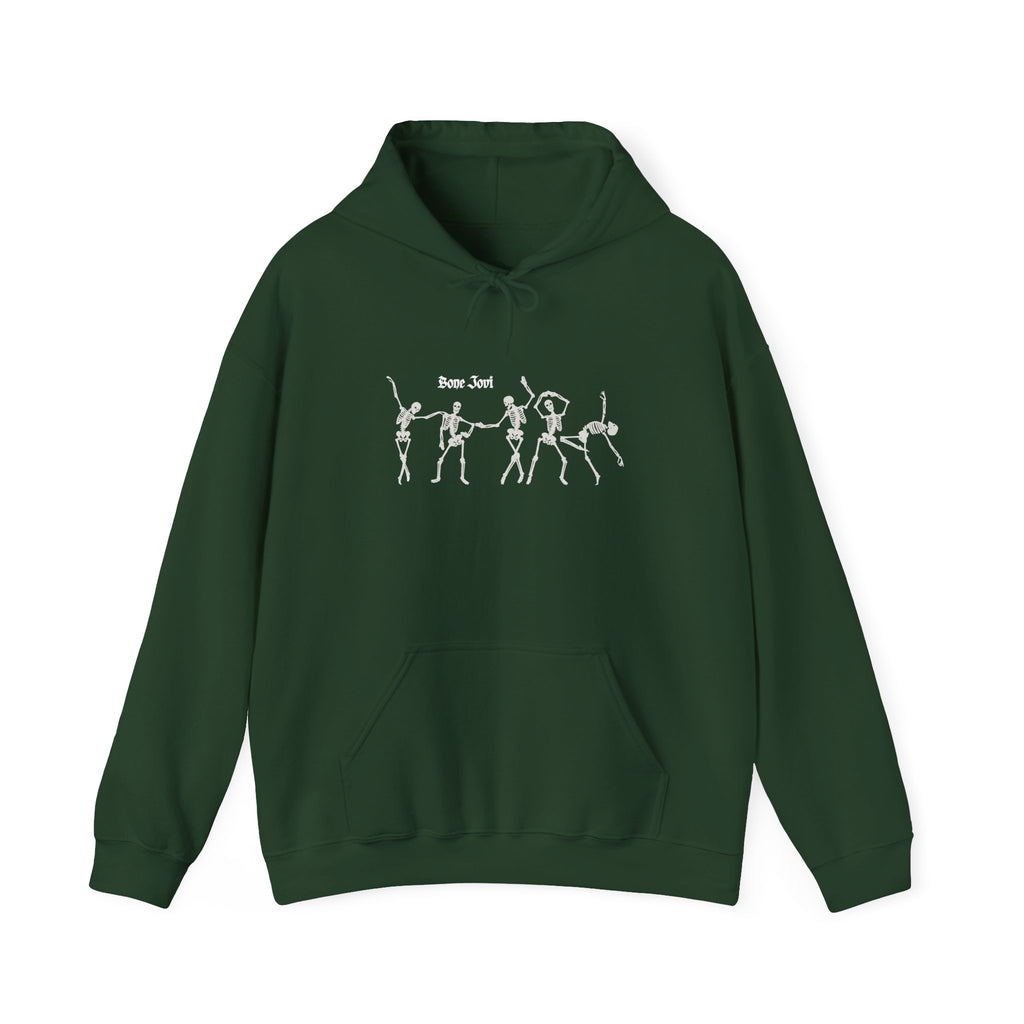Green hoodie with 6 dancing white skeletons with the words Bone Jovi against a white background