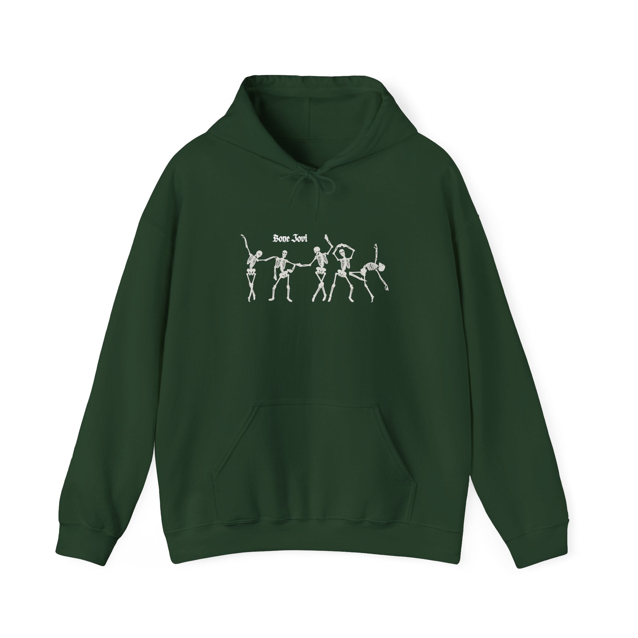 Green hoodie with 6 dancing white skeletons with the words Bone Jovi against a white background