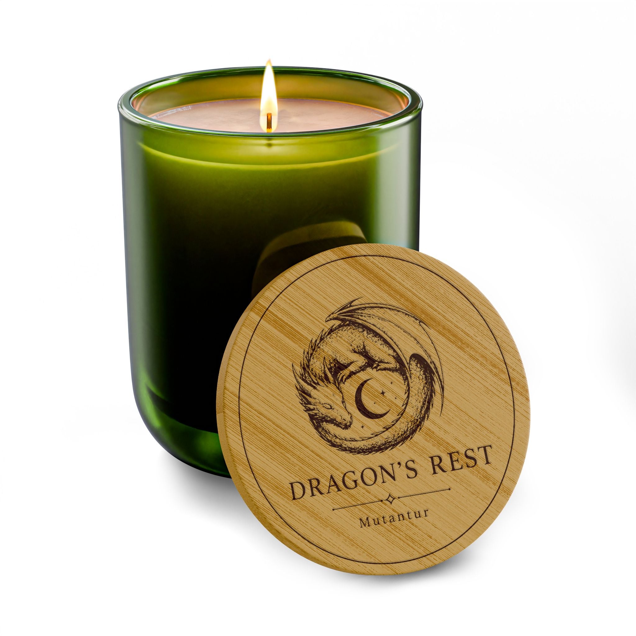 Dragon's Rest Emblem Soy Candle — 14oz Scented Candle with Engraved Bamboo Lid - Mutantur Labs LLC