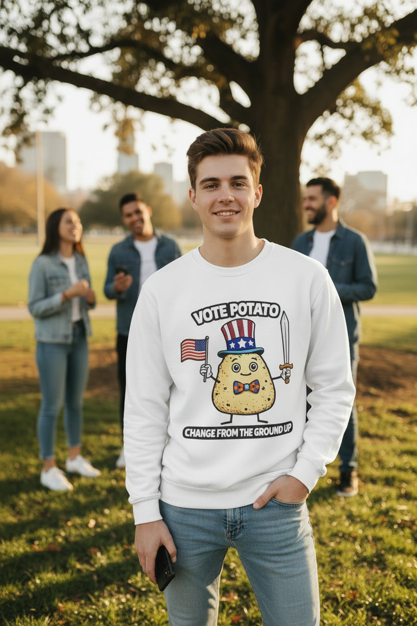 Vote Potato cartoon politician Crewneck Sweatshirt | Change From The Ground Up - Mutantur Labs LLC