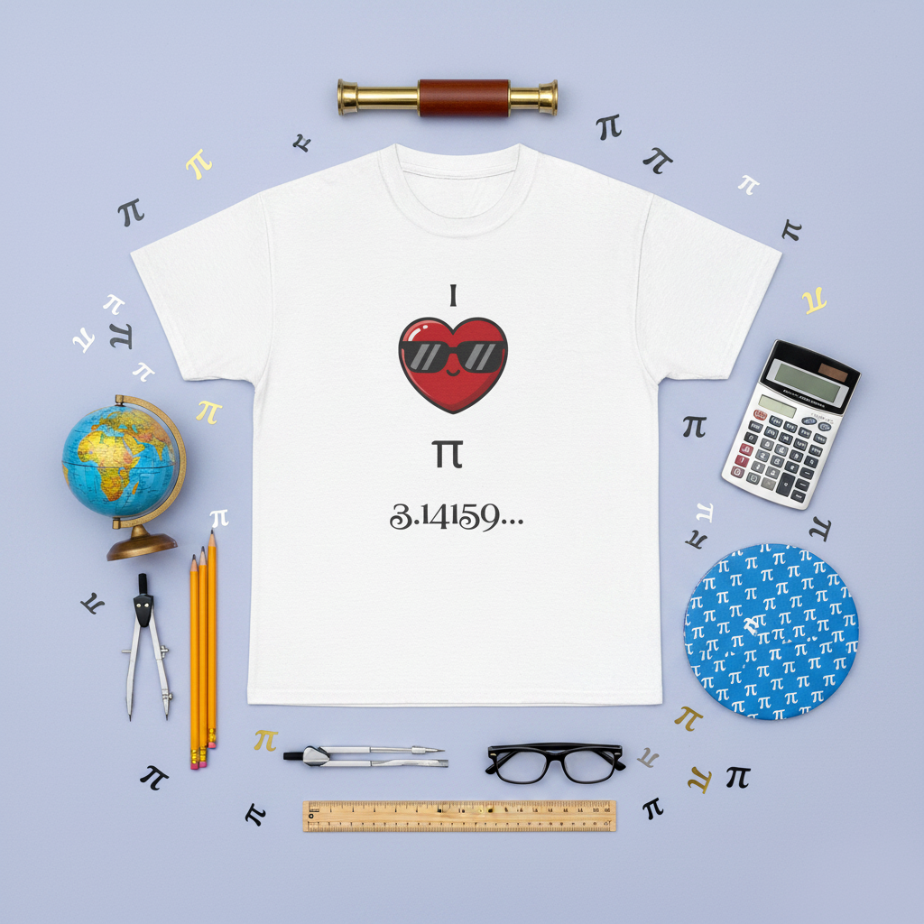 I Love Pi 3.14159 math lover graphic tee in white, flat lay styled with math and science props including a globe, calculator, compass, and pi symbols on a lavender background