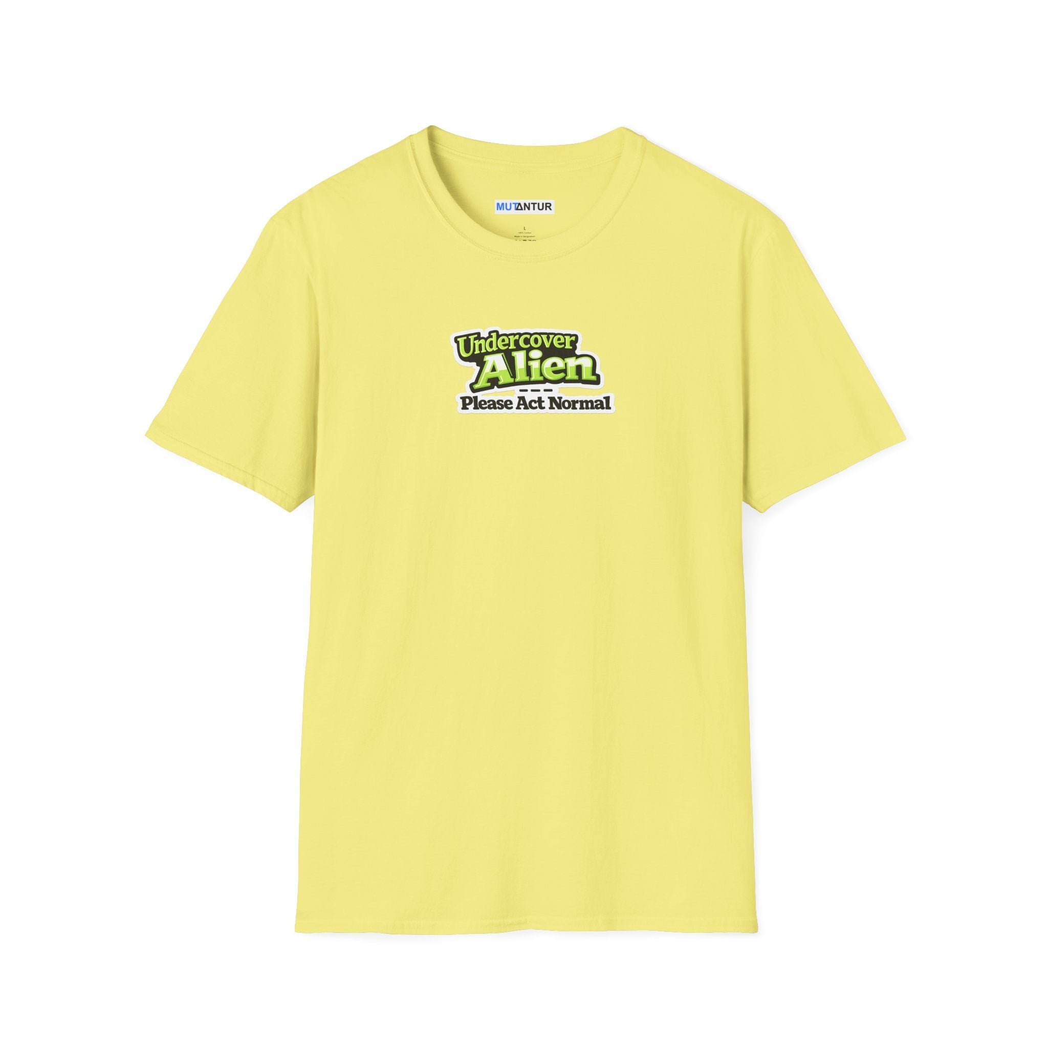 A light yellow short-sleeve t-shirt with a graphic on the chest that reads 'Undercover Alien Please Act Normal' in green and black