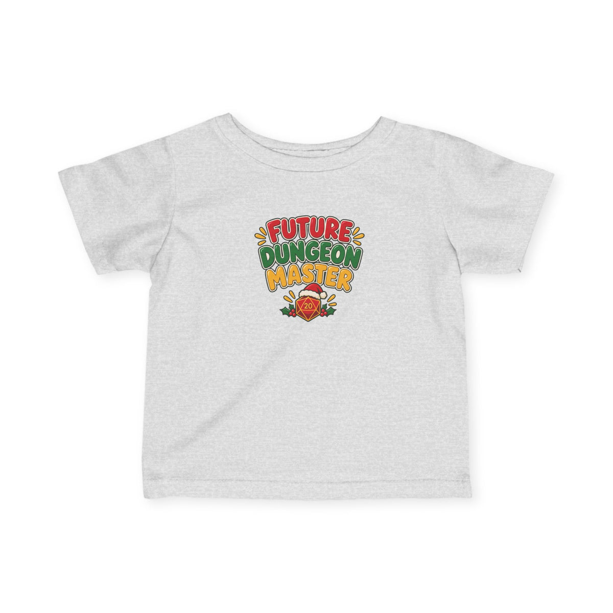 A light heather gray baby t-shirt with a colorful graphic on the chest that reads 'FUTURE DUNGEON MASTER' in red, green, and yellow text, featuring a small D20 wearing a Santa hat below.